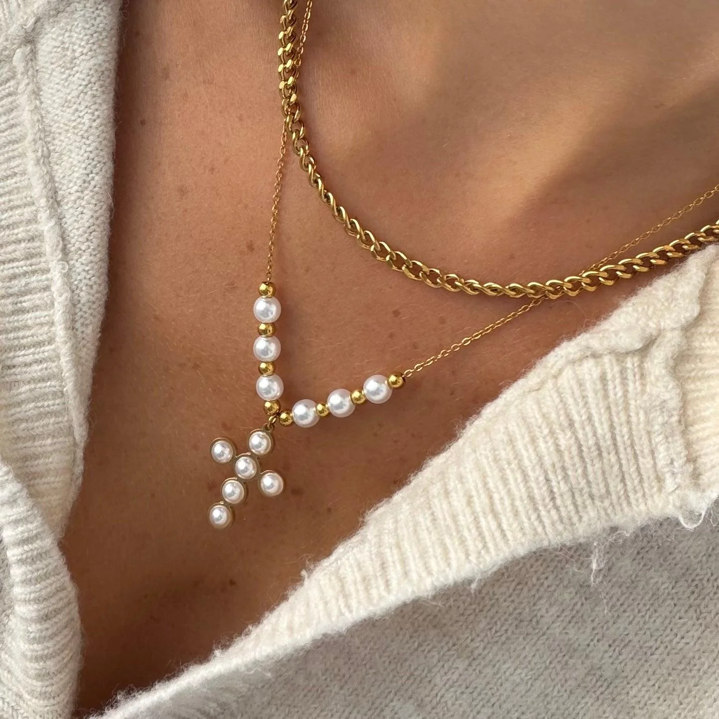 Pearly Blessing  Cross Double Layered Necklace